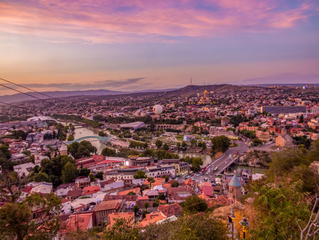 Old Tbilisi, Tbilisi, Georgia. Arial view of Tbilisi from the Medieval castle of Narikala and Tbilisi city overview, Republic of Georgia, Caucasus region.の写真素材
