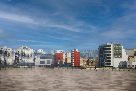 Casablanca. Morocco. The beautiful walkway in the area of Hassan II Mosque at sunset time.の写真素材