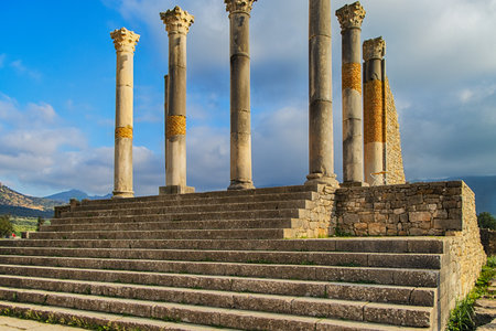 Volubilis, Morocco - touristic attraction and a Roman archaeological site located near Meknes. Volubilis, Morocco is a UNESCO World Heritage and is a well preserved town of the Roman Empire.の写真素材
