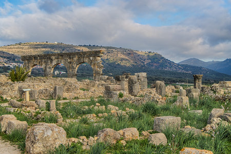 Volubilis, Morocco - touristic attraction and a Roman archaeological site located near Meknes. Volubilis, Morocco is a UNESCO World Heritage and is a well preserved town of the Roman Empire.の写真素材