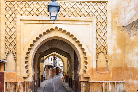 Fes, Morocco. View from Bou Jeloud square to Bab Semmarine Medina Gate in the medina of the old city of Fez el Bali next Royal Palace.の写真素材