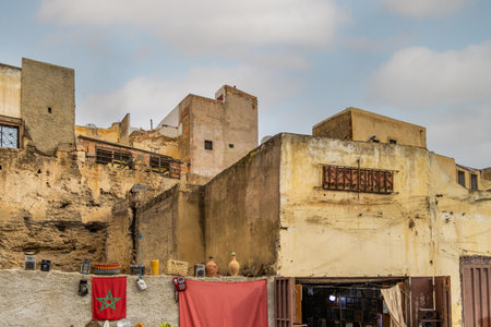 Exterior view of historical buildings in the old medina (Jewish neighborhood in the downtown) in Fez, Morocco, Africa. Facade of traditional Moroccan houses.の写真素材