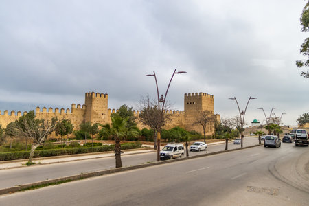 Scenic medieval city wall in Fes, Moroccoの写真素材