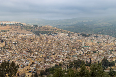 Morocco, Fes - aerial view of the city and medina of Fez, including detailsの写真素材