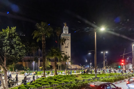 Marrakesh, Morocco - night view of the square minaret of the Kutubiyya Mosque, in Marrakesh.の写真素材