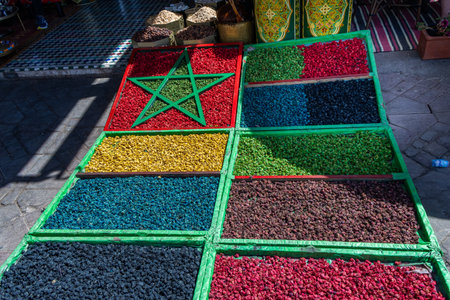 Colorful spices and herbes found at souk market in Marrakesh, Morocco