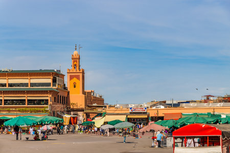Jamaa el Fna (also Jemaa el-Fnaa, Djema el-Fna or Djemaa el-Fnaa) is a square and market place in Marrakesh's medina quarter (old city). Marrakesh, Morocco, north Africa. UNESCO Heritage of Humanity.の写真素材