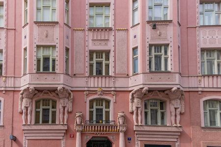 Czech Republic, Prague. Cubism style house with Atlantes on Elisky Krasnohorske Street (Josefov, the Jewish Quarter)の写真素材