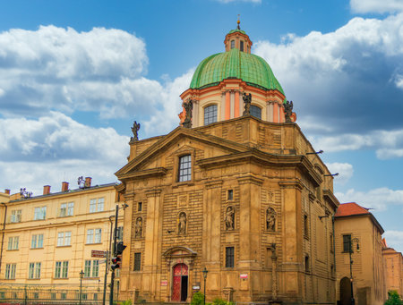 Exterior of the Baroque Church of St. Francis Of Assisi, built in the 17th century, in Krizovnicke namesti, Stare Mesto (Old Town), Prague, Czech Republicの写真素材