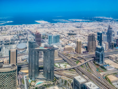 Aerial view over skyscrapers and busy road junction. Cityscape, futuristic city, city skyline.の写真素材