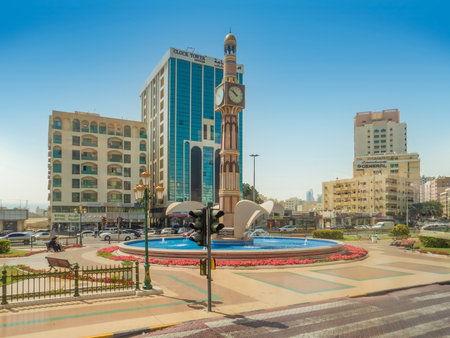 Sharjah, United Arab Emirates. Zahra Clock Tower fountain and roundabout park in Sharjah emirate downtown in the United Arab Emirates low angle viewの写真素材