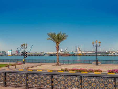 Sharjah UAE. View of the Corniche street , the Sharjah port is seen in the distanceの写真素材
