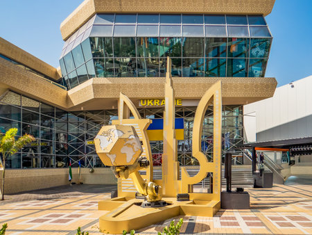 Dubai, United Arab Emirates. Trident as state symbol of Ukraine near its pavilion at EXPO.の写真素材
