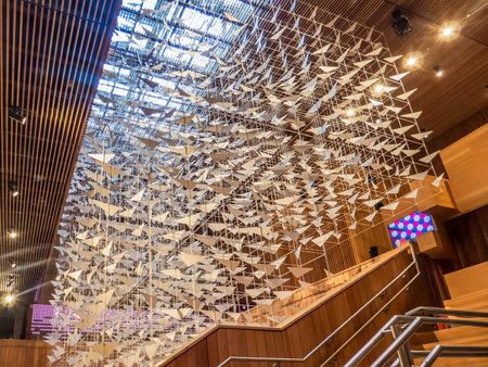 A daylight shot of detailed wooden and metal architecture at an exhibitionの写真素材
