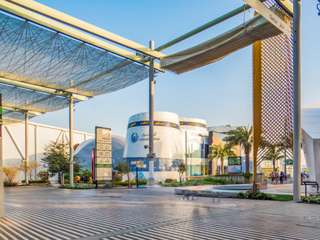 Dubai, UAE. Uzbekistan Pavilion at Expo 2020 Dubai, round tower with geometric pattern.の写真素材