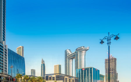 Skyscrapers along the famous Sheikh Zayed Road in Dubai, United Arab Emirates.の写真素材