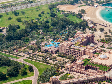 Abu Dhabi, United Arab Emirates. A picture of the Emirates Palace Mandarin Oriental Hotel as seen from above.の写真素材