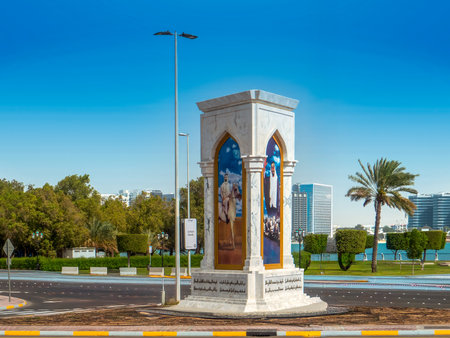 Abu Dhabi road junction with monument. UAE.の写真素材