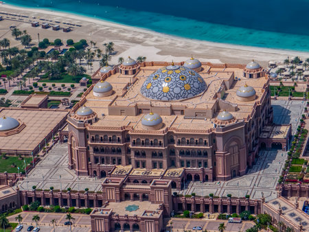 Abu Dhabi, United Arab Emirates. A picture of the Emirates Palace Mandarin Oriental Hotel as seen from above.の写真素材