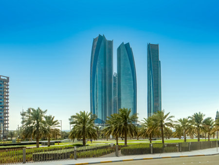 Abu Dhabi, United Arab Emirates. Etihad Towers are five skyscrapers complex with 74 floors is the third tallest building in Abu Dhabi.の写真素材