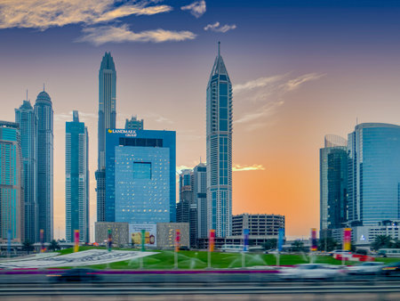 Skyscrapers along the famous Sheikh Zayed Road in Dubai, United Arab Emirates.の写真素材