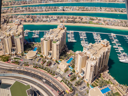 Dubai Marina, Dubai, United Arab Emirates. Aerial view of The Palm Islands consists of three artificial islands: Palm Jumeirah, Deira Islands, and Palm Jebel Ali, on the coast of Dubai.の写真素材