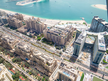 Dubai Marina, Dubai, United Arab Emirates. Aerial view of The Palm Islands consists of three artificial islands: Palm Jumeirah, Deira Islands, and Palm Jebel Ali, on the coast of Dubai.の写真素材