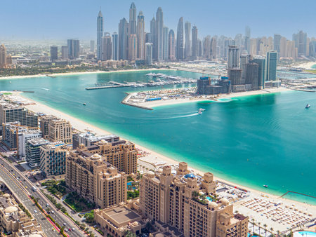 Dubai Marina, Dubai, United Arab Emirates. Aerial view of The Palm Islands consists of three artificial islands: Palm Jumeirah, Deira Islands, and Palm Jebel Ali, on the coast of Dubai.の写真素材