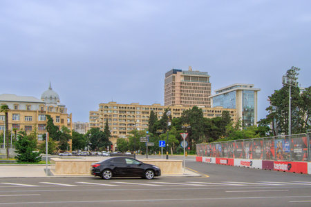 Baku, Azerbaijan. Neftchilar Avenue, an arterial road in Baku, named in honor of workers of oil industry in Azerbaijan, with many notable buildings and monuments.の写真素材