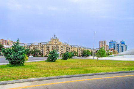 Baku, Azerbaijan. Neftchilar Avenue, an arterial road in Baku, named in honor of workers of oil industry in Azerbaijan, with many notable buildings and monuments.の写真素材