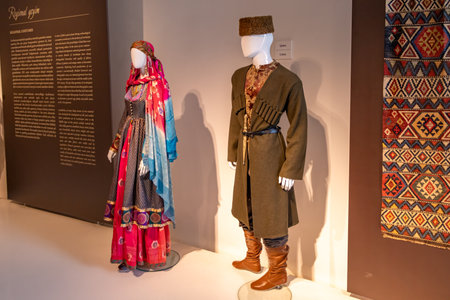 Baku, Azerbaijan. Museum or Exhibition within the Heydar Aliyev Center in Baku, Azerbaijan, showcasing traditional Azerbaijani costumes and textiles.の写真素材