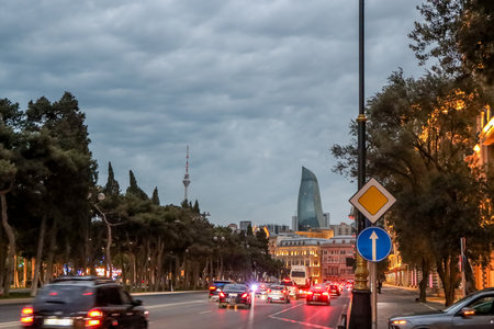 Baku Azerbaijan. Bright Baku nights. Routes in Baku. Located on Neftchilar Avenue. Neftchilar Avenue which translates to Oil Worker's Avenue, is one of the most prominent in Baku.の写真素材