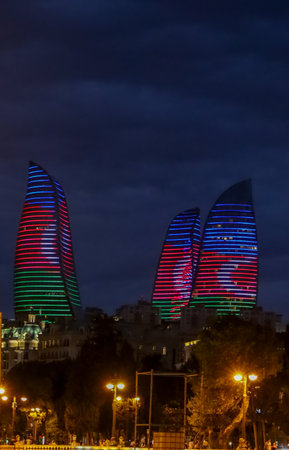 BAKU, AZERBAIJAN. Baku Flame Towers at night. It is the tallest skyscraper in Baku, Azerbaijan with a height of 190 meters.の写真素材