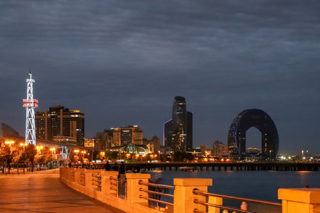 Baku, Azerbaijan. View of the Crescent Bay business center and Port of Baku from the upland park. Evening Baku Boulevard.の写真素材