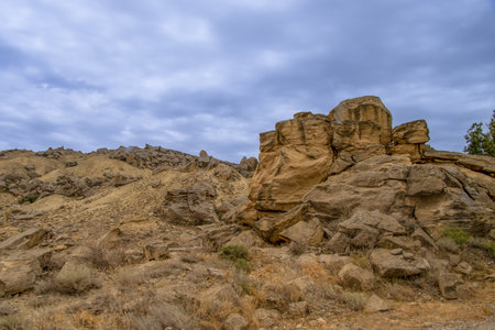 Baku, Azerbaijan. Qobustan National Park in Azerbaijan is famous for its ancient rock carvings, mud volcanoes, and dramatic desert landscape.の写真素材