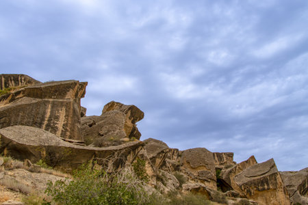 Baku, Azerbaijan. Qobustan National Park in Azerbaijan is famous for its ancient rock carvings, mud volcanoes, and dramatic desert landscape.の写真素材
