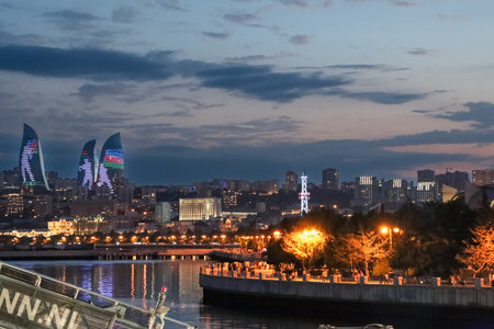 BAKU, AZERBAIJAN. Baku Flame Towers at night. It is the tallest skyscraper in Baku, Azerbaijan with a height of 190 meters.の写真素材