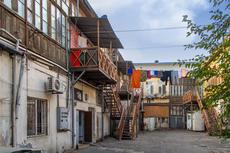 Baku, Azerbaijan. Inner yard of residential house. Old town of Baku (Icherisheher).の写真素材