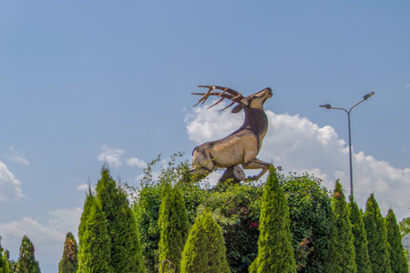 Gusar. Azerbaijan. Deer Statue in Gusar, Azerbaijan. The deer is often associated with the natural beauty and mountainous landscape of the Gusar region, which is located near the Shahdag National Parkの写真素材