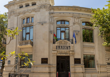 Baku, Azerbaijan. Zarifa Aliyeva Street is a prominent street located in the heart of Baku, Azerbaijan. It is a key street in the city center, known for its proximity to major landmarks.の写真素材