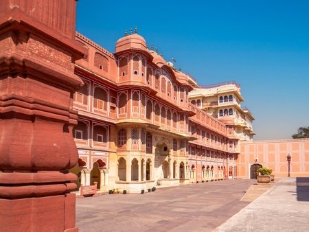 Pritam Niwas Chowk is the inner courtyard of Jaipur's City Palace, specifically within the Chandra Mahal, and is known for its four elaborately decorated gates.の写真素材