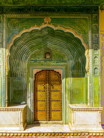 Colorful gate of Pritam Niwas Chowk of City Palace in Jaipur, Indiaの写真素材