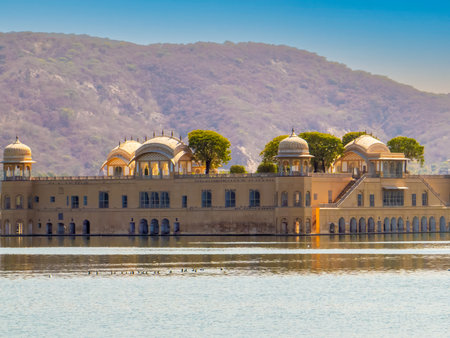 The amazing Jal Mahal or Water Palace in the middle of the lake, Jaipur, Indiaの写真素材