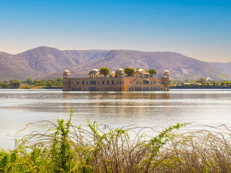 The amazing Jal Mahal or Water Palace in the middle of the lake, Jaipur, Indiaの写真素材