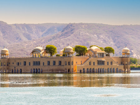 The amazing Jal Mahal or Water Palace in the middle of the lake, Jaipur, Indiaの写真素材