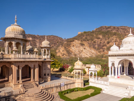Gaitore Ki Chhatriyan, this site features traditional funeral monuments honouring royal men of the past, Maharaja Jai Singh II, the founder of Jaipur. Jaipur, Rajasthan state, India.の写真素材