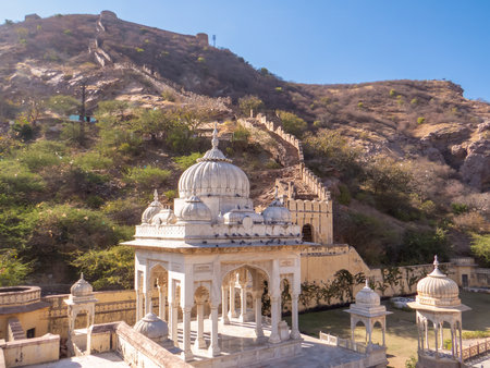 Gaitore Ki Chhatriyan, this site features traditional funeral monuments honouring royal men of the past, Maharaja Jai Singh II, the founder of Jaipur. Jaipur, Rajasthan state, India.の写真素材