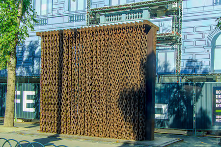 Budapest, Hungary. The monument of the curtain of chains in front of the entrance to the House of Terror in Budapest.の写真素材