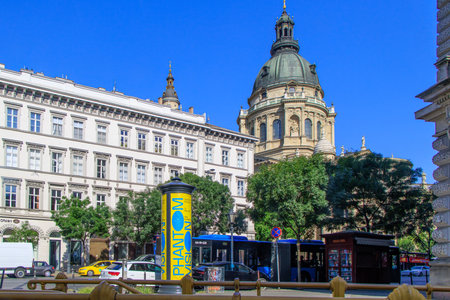 Budapest, Hungary. View of St. Stephen's Basilica in Budapest, Hungary, showcasing its grand dome, twin towers, and neoclassical architectural details.の写真素材