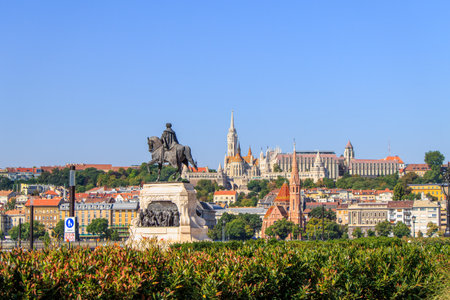 Leopold Town Budapest Hungary. Gyula Andrassy Equestrian Statue outside Hungarian Parliament National Assembly.の写真素材